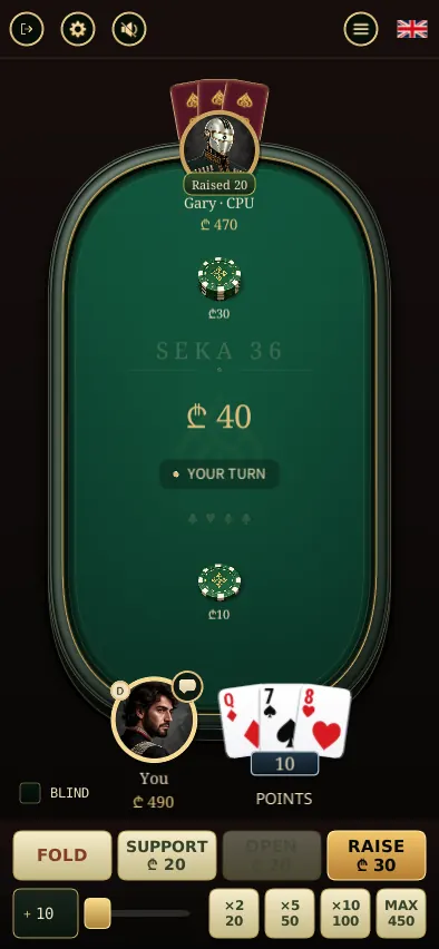 SEKA 36 on a phone: the player holds the queen of diamonds, seven of spades and eight of hearts for 10 points, with Fold, Support, Open and Raise in the footer