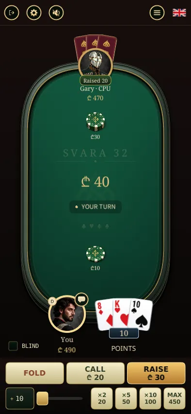 SVARA 32 on a phone: the player holds the eight of diamonds, king of hearts and ten of spades for 10 points, with Fold, Call and Raise in the footer